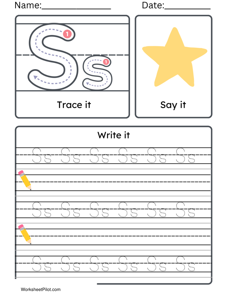 Kindergarten Letter S Tracing Worksheet Practice Set 2 - Free Printable PDF preview