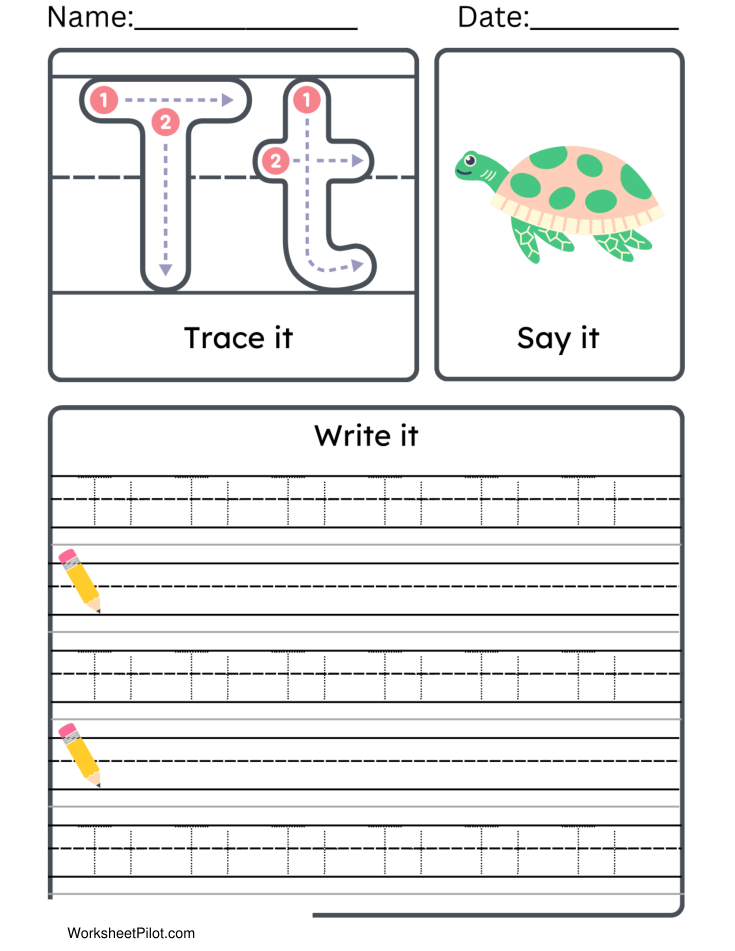 Kindergarten Letter T Tracing Worksheet Practice Set 2 - Free Printable PDF preview