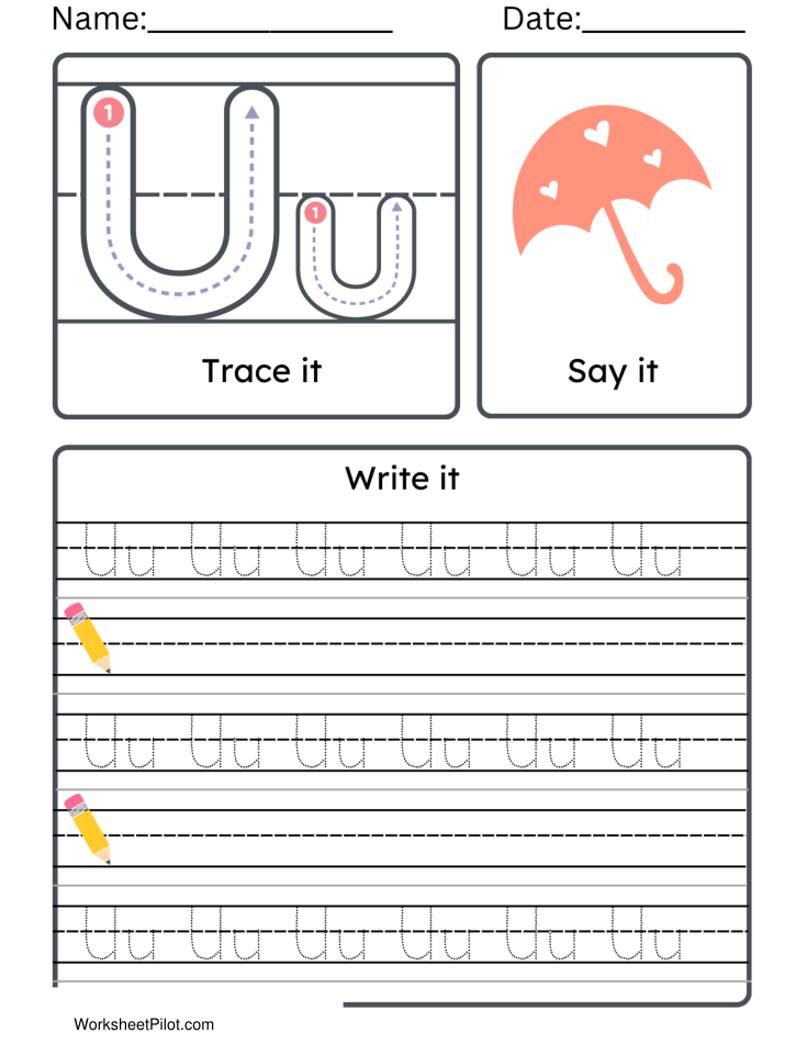 Kindergarten Letter U Tracing Worksheet Practice Set 2 - Free Printable PDF preview
