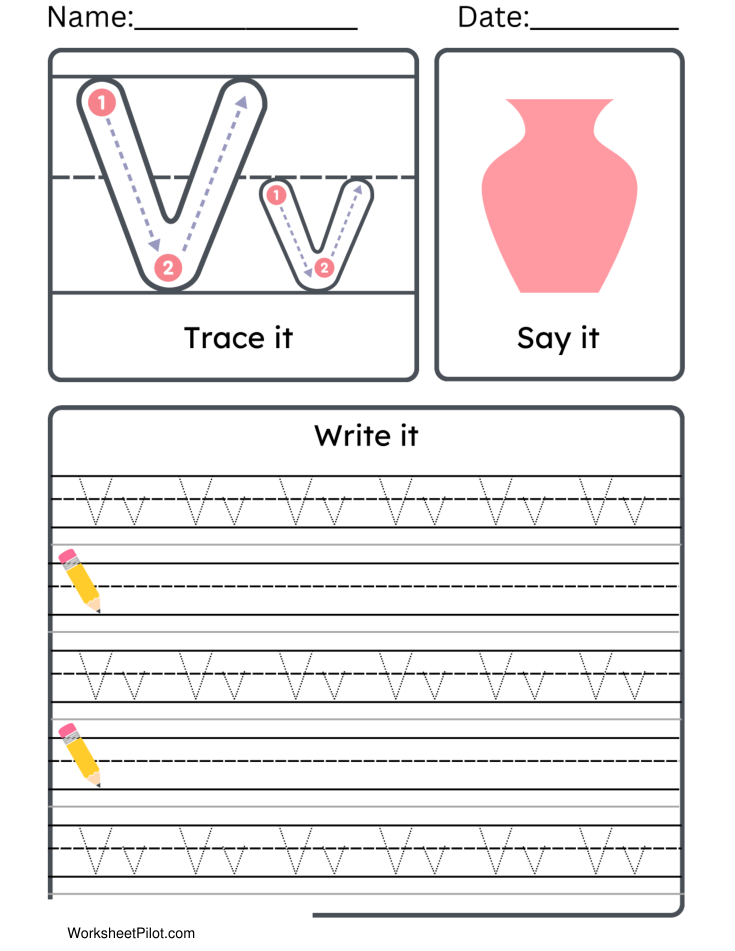 Kindergarten Letter V Tracing Worksheet Practice Set 2 - Free Printable PDF preview