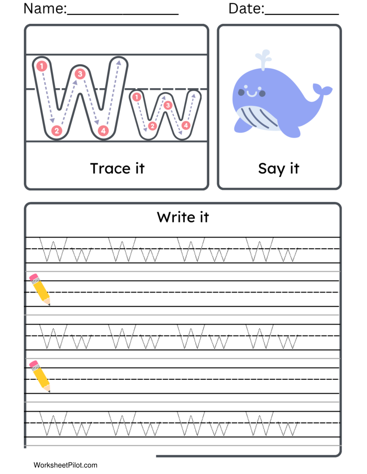 Kindergarten Letter W Tracing Worksheet Practice Set 2 - Free Printable PDF preview