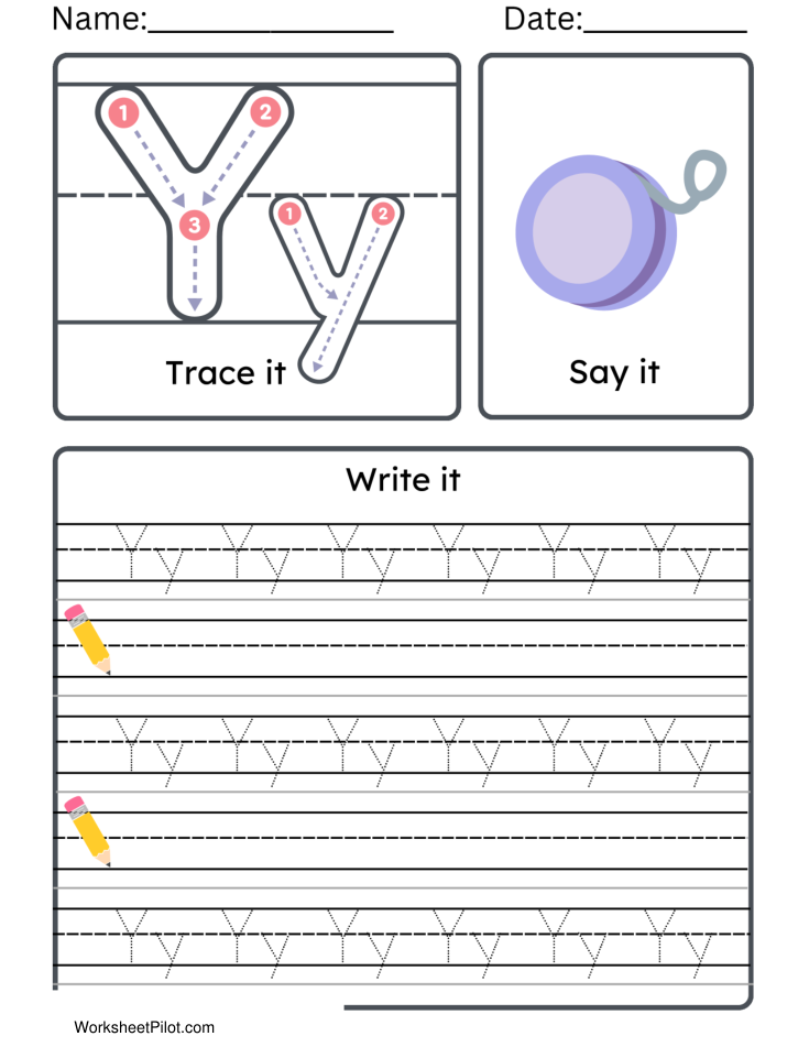 Kindergarten Letter Y Tracing Worksheet Practice Set 2 - Free Printable PDF preview