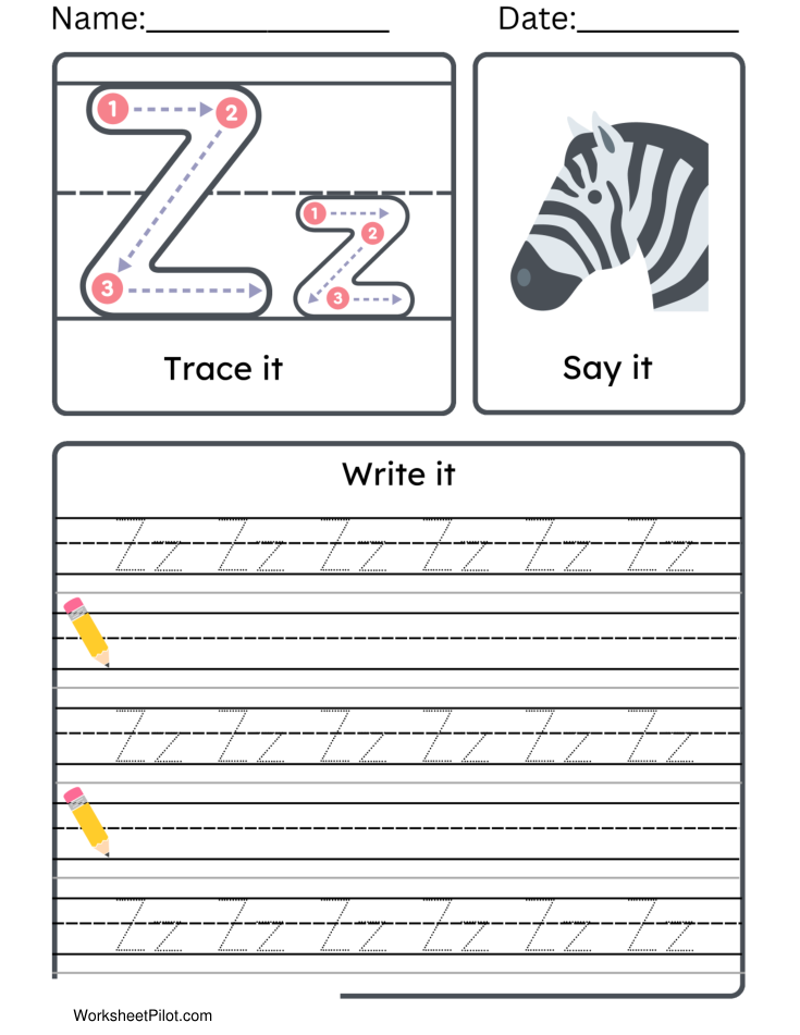 Kindergarten Letter Z Tracing Worksheet Practice Set 2 - Free Printable PDF preview