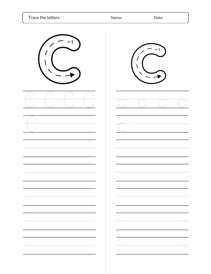 Kindergarten Letter C Tracing Worksheet Practice Set 3 - Free Printable PDF preview