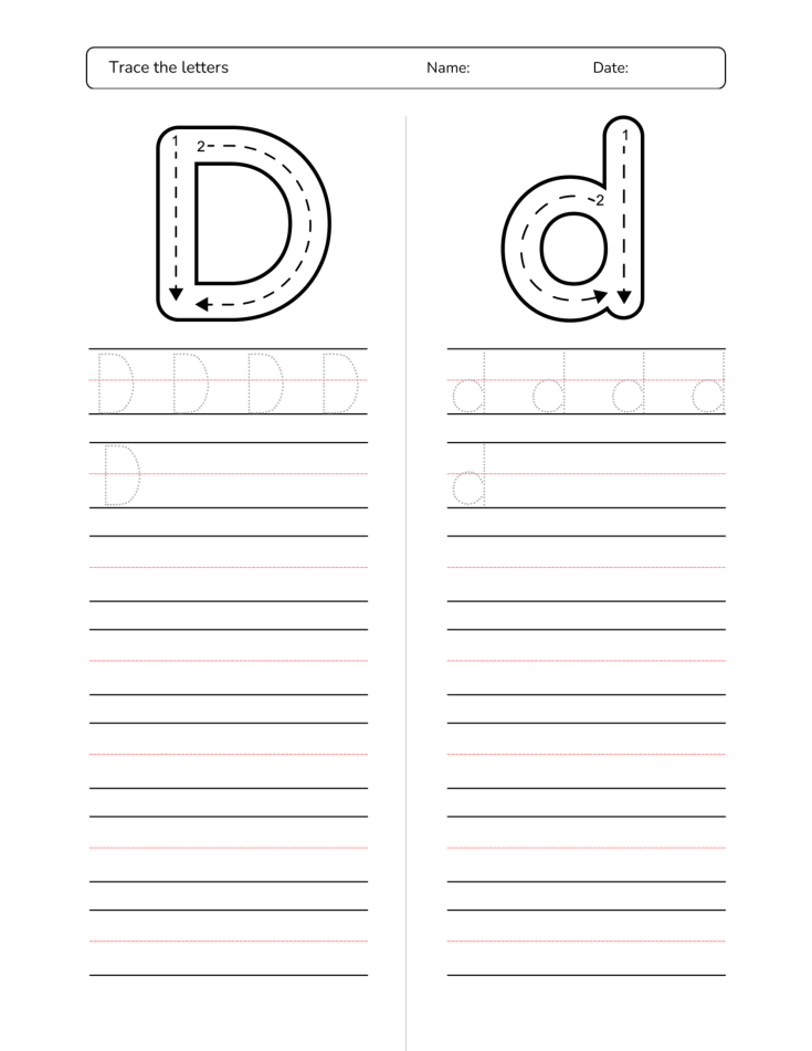 Kindergarten Letter D Tracing Worksheet Practice Set 3 - Free Printable PDF preview