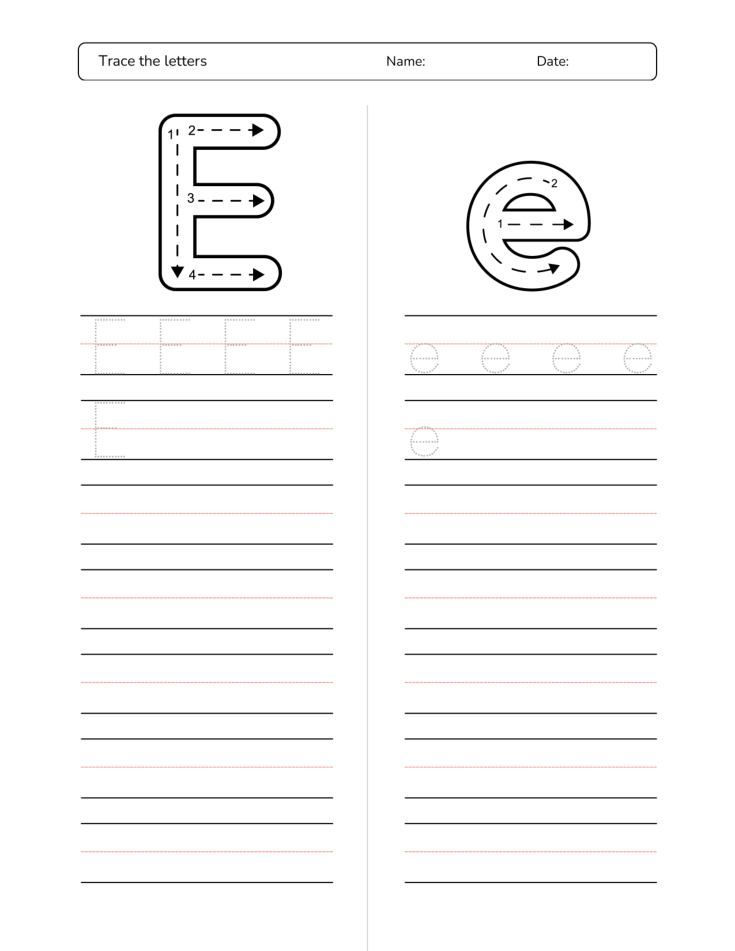 Kindergarten Letter E Tracing Worksheet Practice Set 3 - Free Printable PDF preview