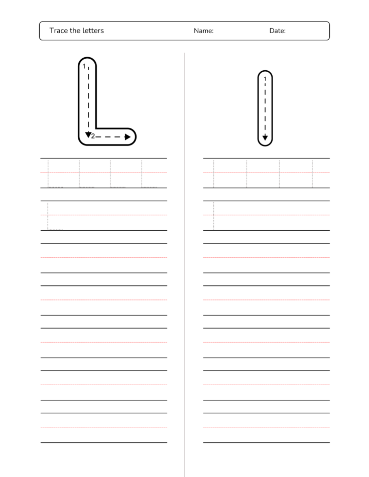Kindergarten Letter L Tracing Worksheet Practice Set 3 - Free Printable PDF preview