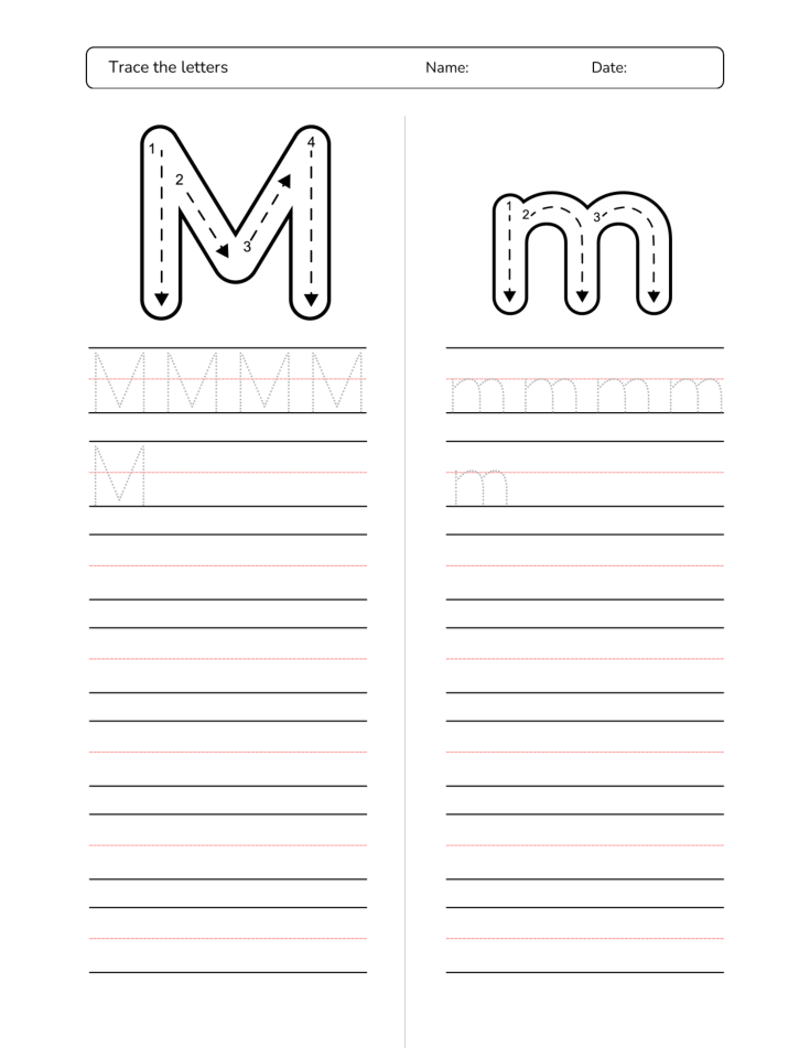 Kindergarten Letter M Tracing Worksheet Practice Set 3 - Free Printable PDF preview