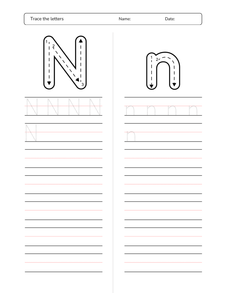 Kindergarten Letter N Tracing Worksheet Practice Set 3 - Free Printable PDF preview