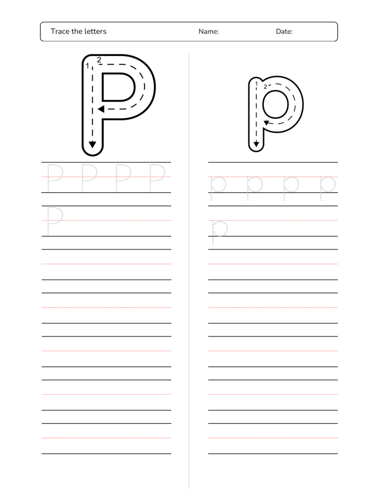Kindergarten Letter P Tracing Worksheet Practice Set 3 - Free Printable PDF preview