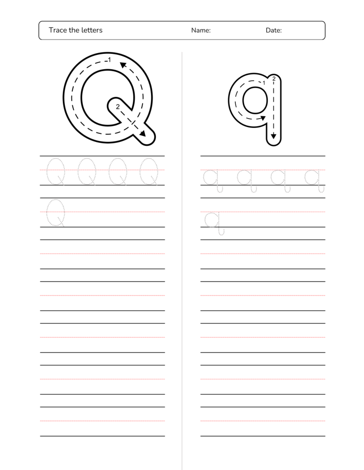 Kindergarten Letter Q Tracing Worksheet Practice Set 3 - Free Printable PDF preview