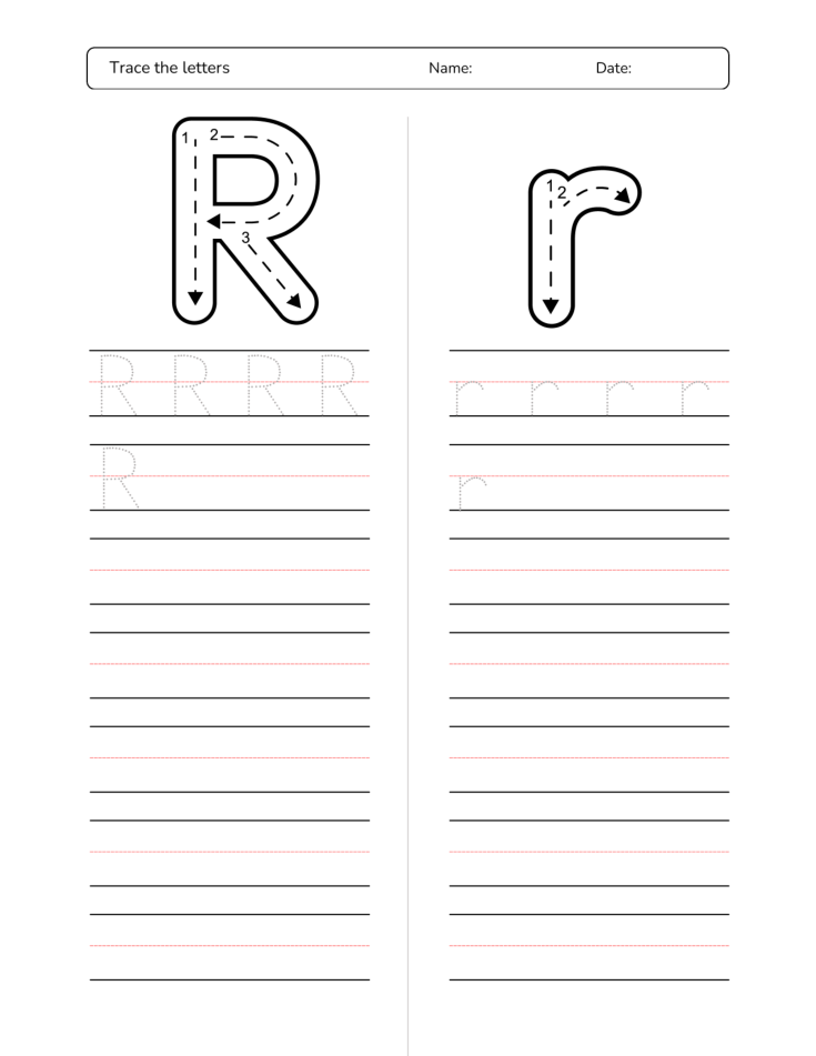 Kindergarten Letter R Tracing Worksheet Practice Set 3 - Free Printable PDF preview