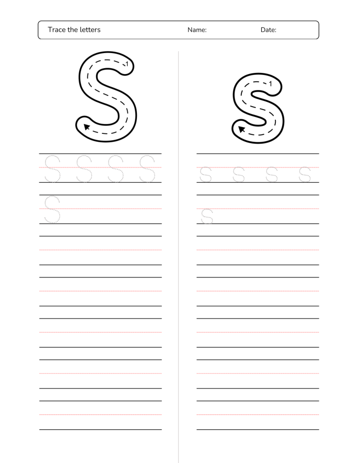 Kindergarten Letter S Tracing Worksheet Practice Set 3 - Free Printable PDF preview