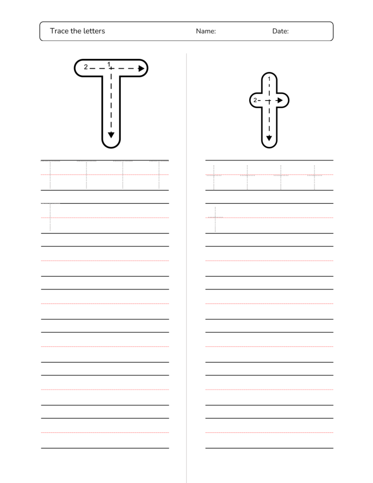 Kindergarten Letter T Tracing Worksheet Practice Set 3 - Free Printable PDF preview