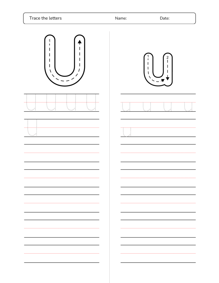 Kindergarten Letter U Tracing Worksheet Practice Set 3 - Free Printable PDF preview