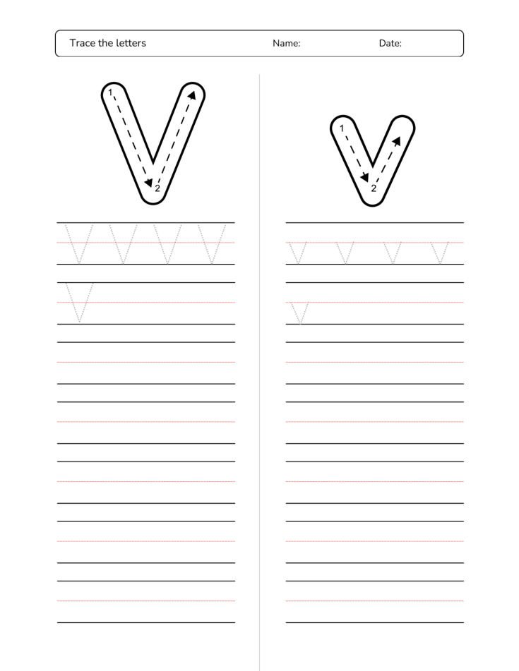 Kindergarten Letter V Tracing Worksheet Practice Set 3 - Free Printable PDF preview