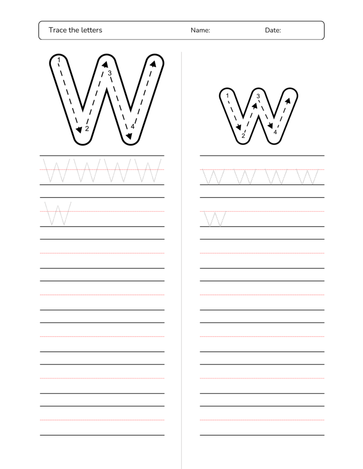 Kindergarten Letter W Tracing Worksheet Practice Set 3 - Free Printable PDF preview