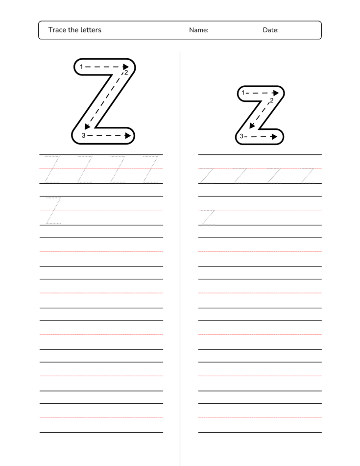 Kindergarten Letter Z Tracing Worksheet Practice Set 3 - Free Printable PDF preview
