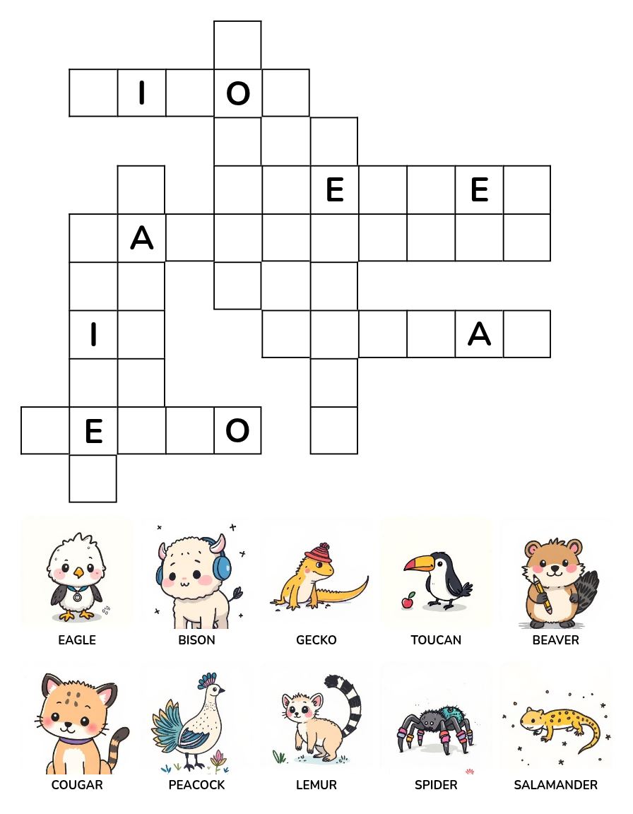 Animal Crossword Puzzle Worksheet Set 1 with animal word clues