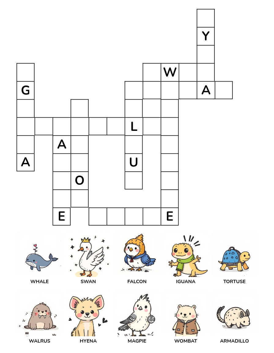 Animal Crossword Puzzle Worksheet Set 10 with animal word clues