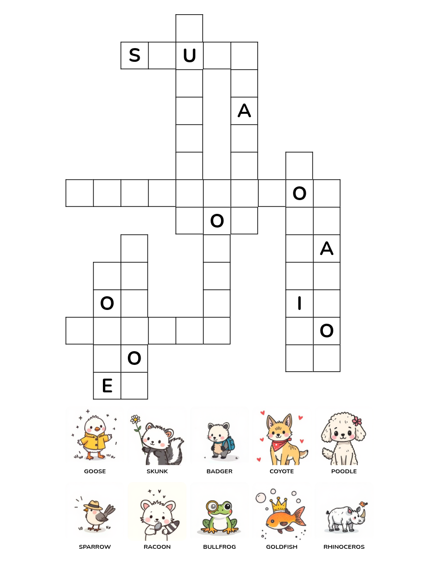 Animal Crossword Puzzle Worksheet Set 3 with animal word clues