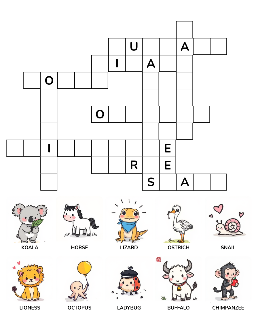 Animal Crossword Puzzle Worksheet Set 4 with animal word clues