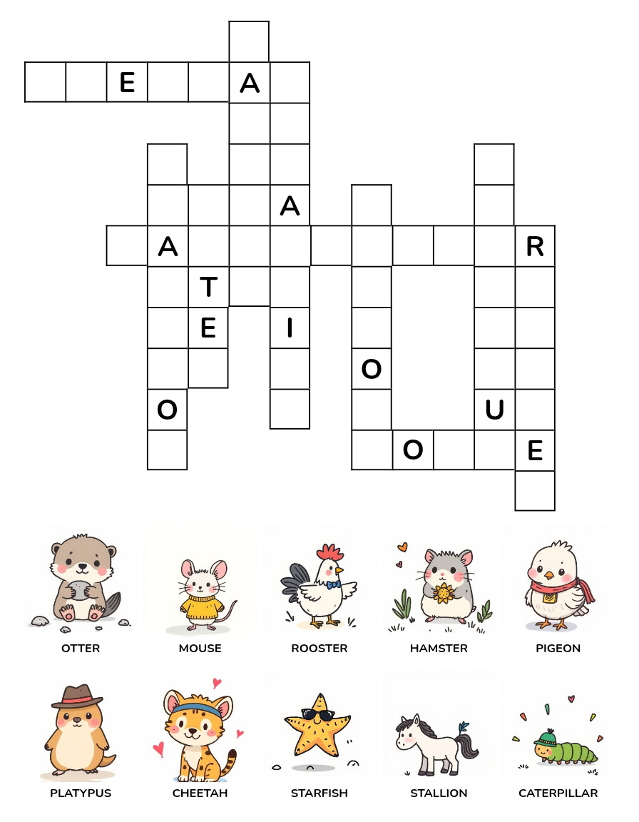 Animal Crossword Puzzle Worksheet Set 5 with animal word clues