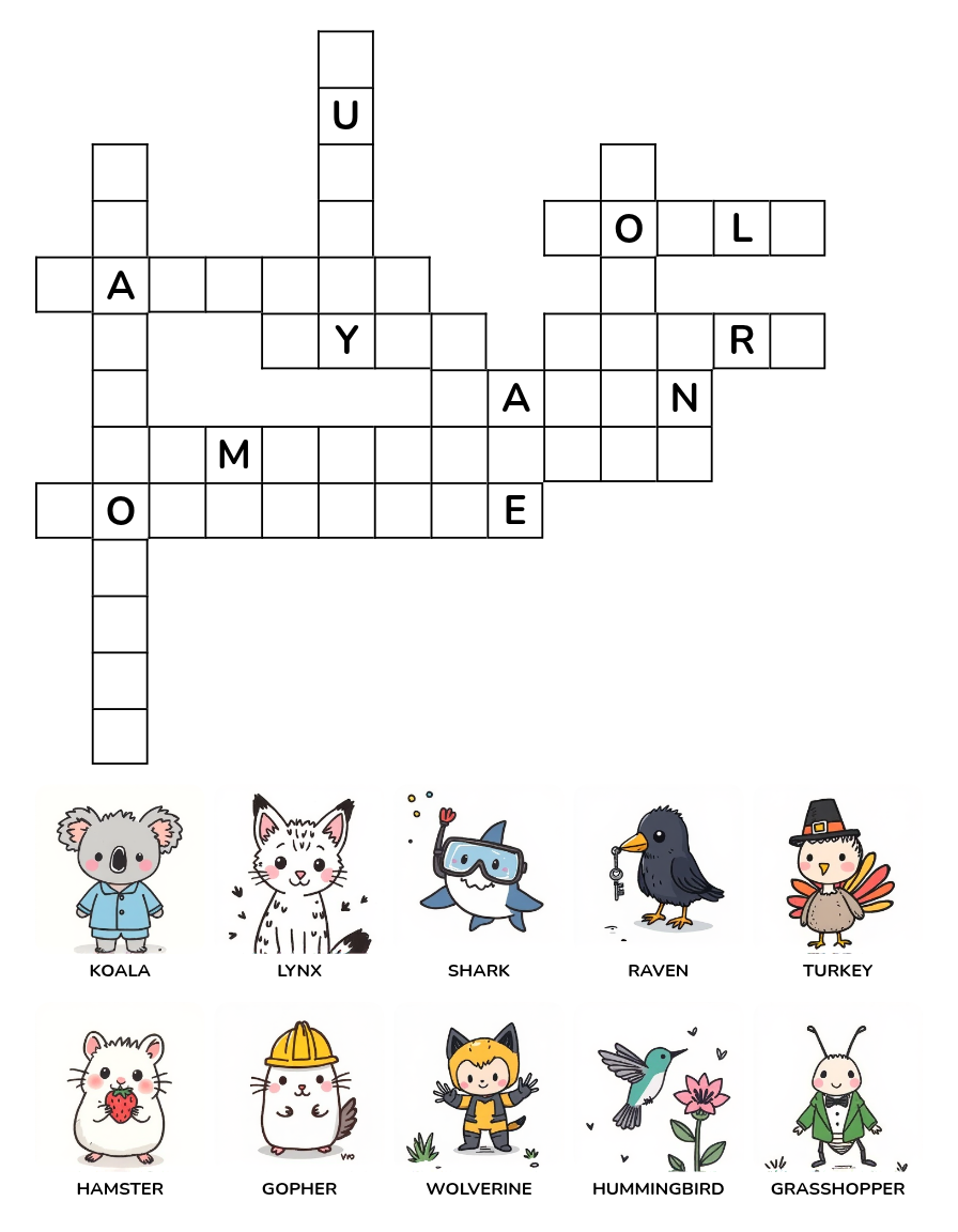 Animal Crossword Puzzle Worksheet Set 6 with animal word clues