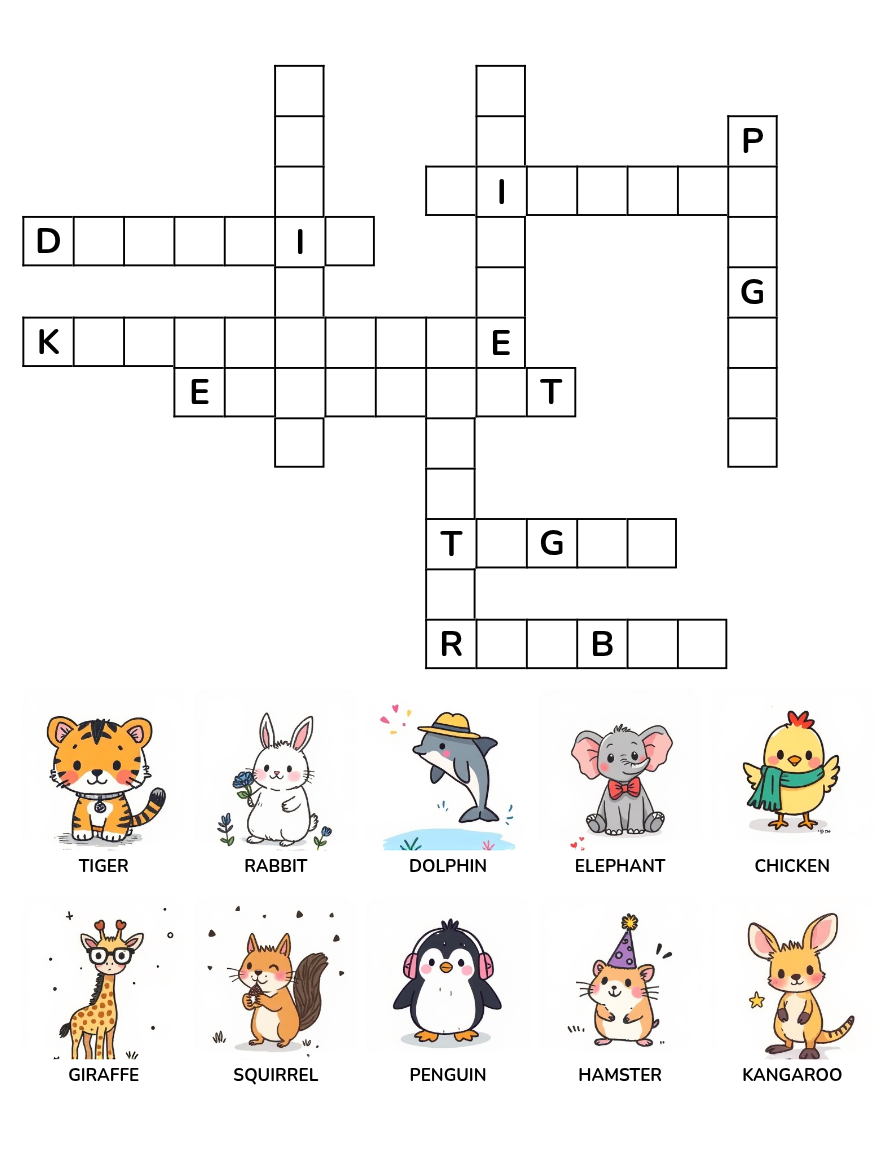 Animal Crossword Puzzle Worksheet Set 7 with animal word clues