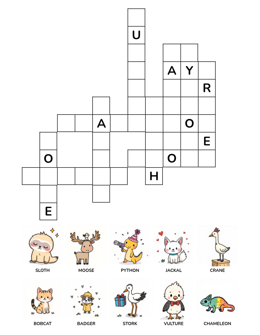 Animal Crossword Puzzle Worksheet Set 8 with animal word clues