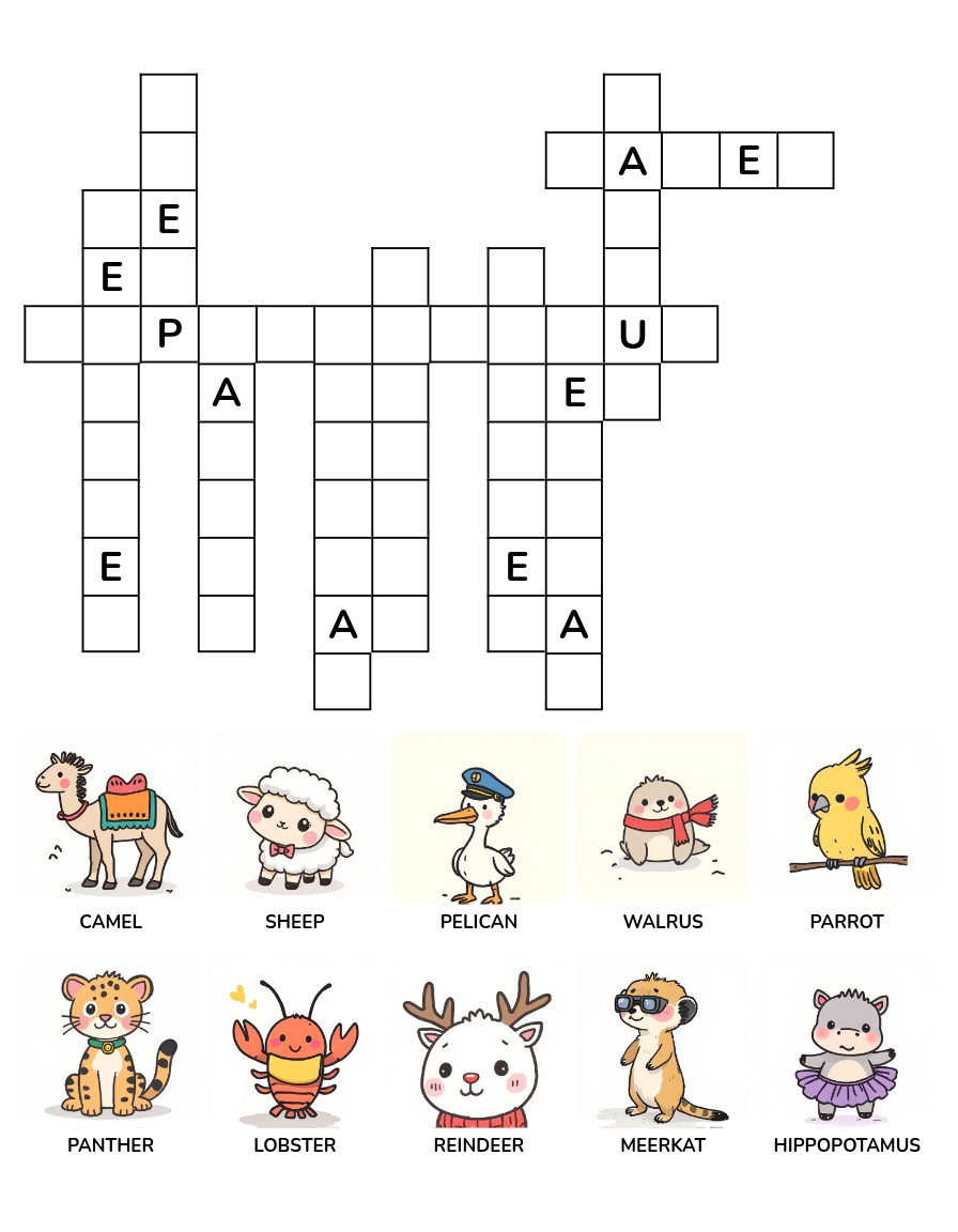 Animal Crossword Puzzle Worksheet Set 9 with animal word clues