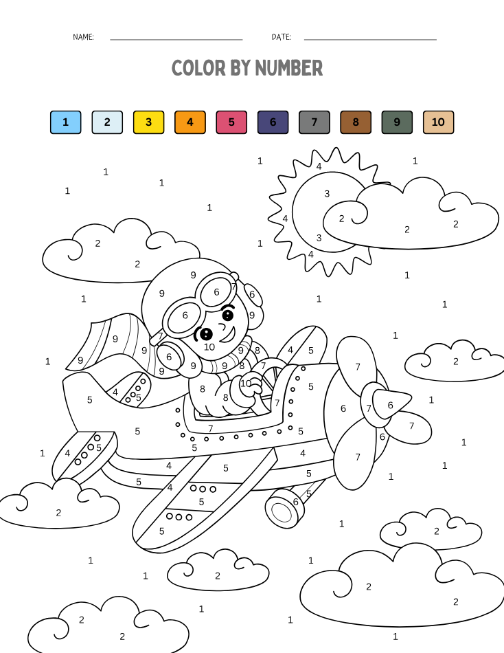 Kindergarten Beginner Airplane Color by Number Worksheet - Free Printable PDF preview