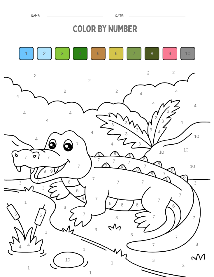 Kindergarten Beginner Alligator Color by Number Worksheet - Free Printable PDF preview