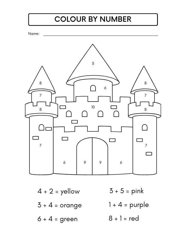 Kindergarten Beginner Castle Color by Number Worksheet - Free Printable PDF preview