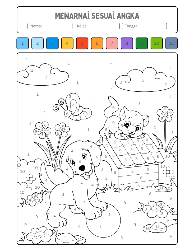 Kindergarten Beginner Cat and Dog Color by Number Worksheet - Free Printable PDF preview
