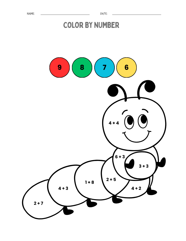Kindergarten Beginner Caterpillar Color by Number Worksheet - Free Printable PDF preview