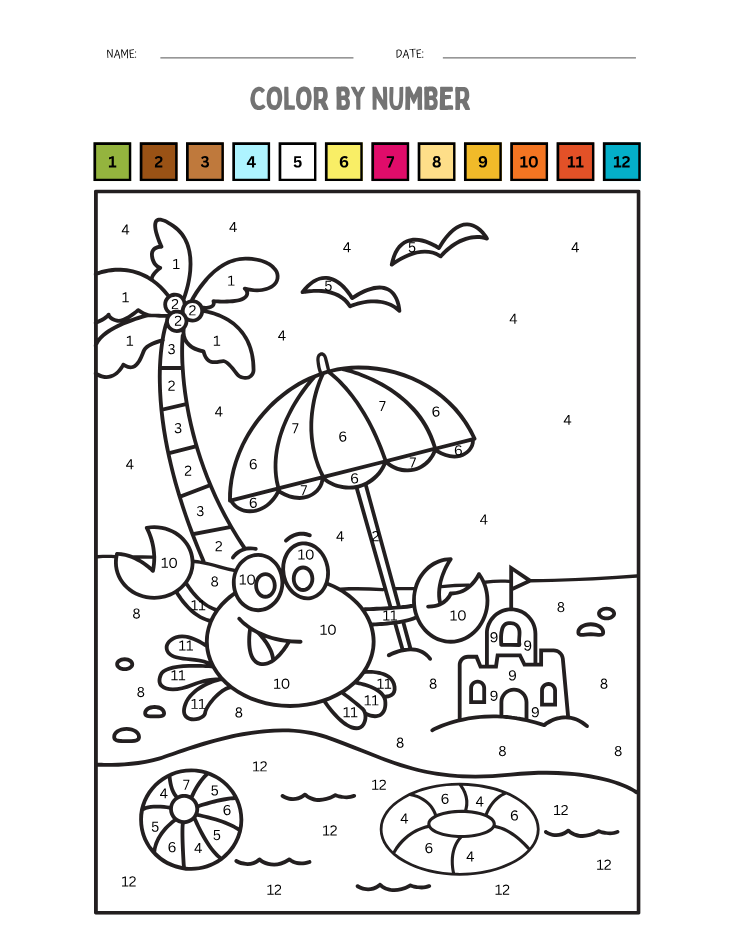Kindergarten Beginner Crab Color by Number Worksheet - Free Printable PDF preview