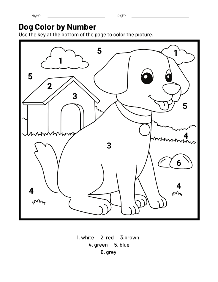 Kindergarten Beginner Dog Color by Number Worksheet - Free Printable PDF preview