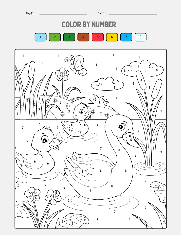 Kindergarten Beginner Duck Color by Number Worksheet - Free Printable PDF preview