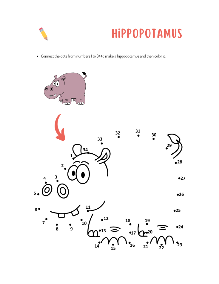 Kindergarten Beginner Hippo Color by Number Worksheet - Free Printable PDF preview