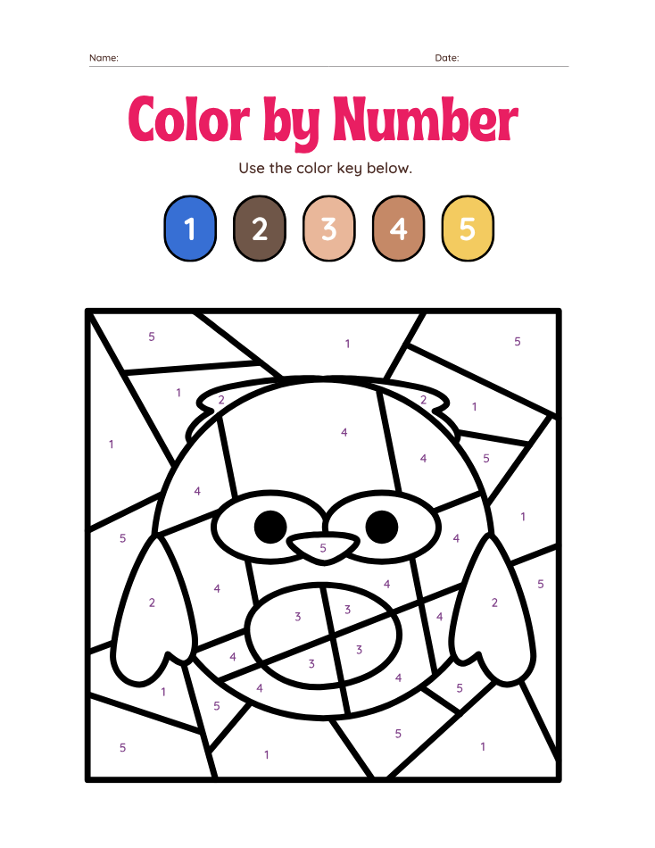 Kindergarten Beginner Number 5 Color by Number Worksheet - Free Printable PDF preview