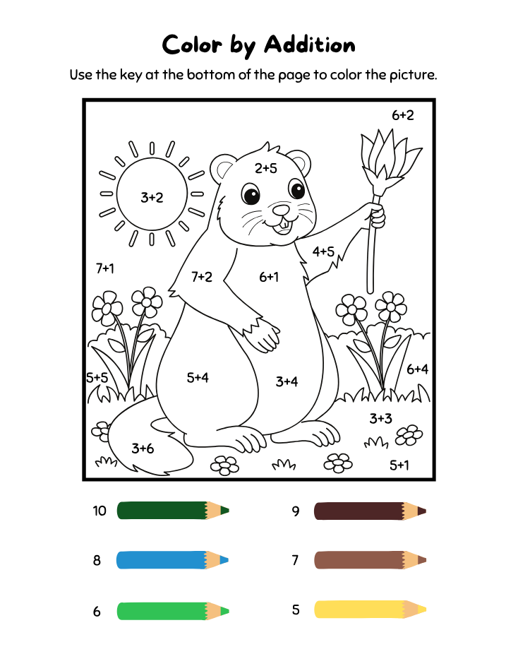Kindergarten Beginner Rodent Color by Number Worksheet - Free Printable PDF preview