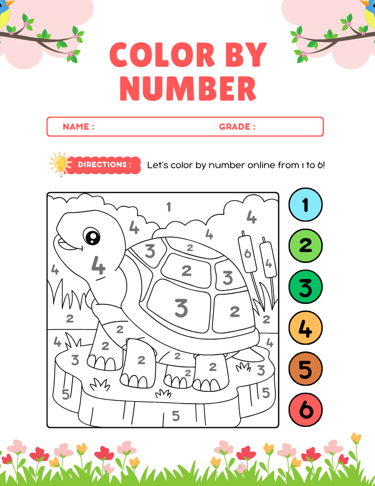 Kindergarten Beginner Turtle Color by Number Worksheet - Free Printable PDF preview