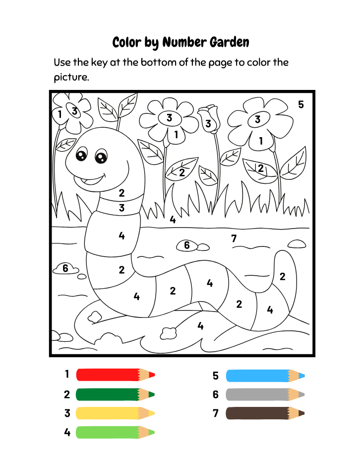 Kindergarten Beginner Worm Color by Number Worksheet - Free Printable PDF preview