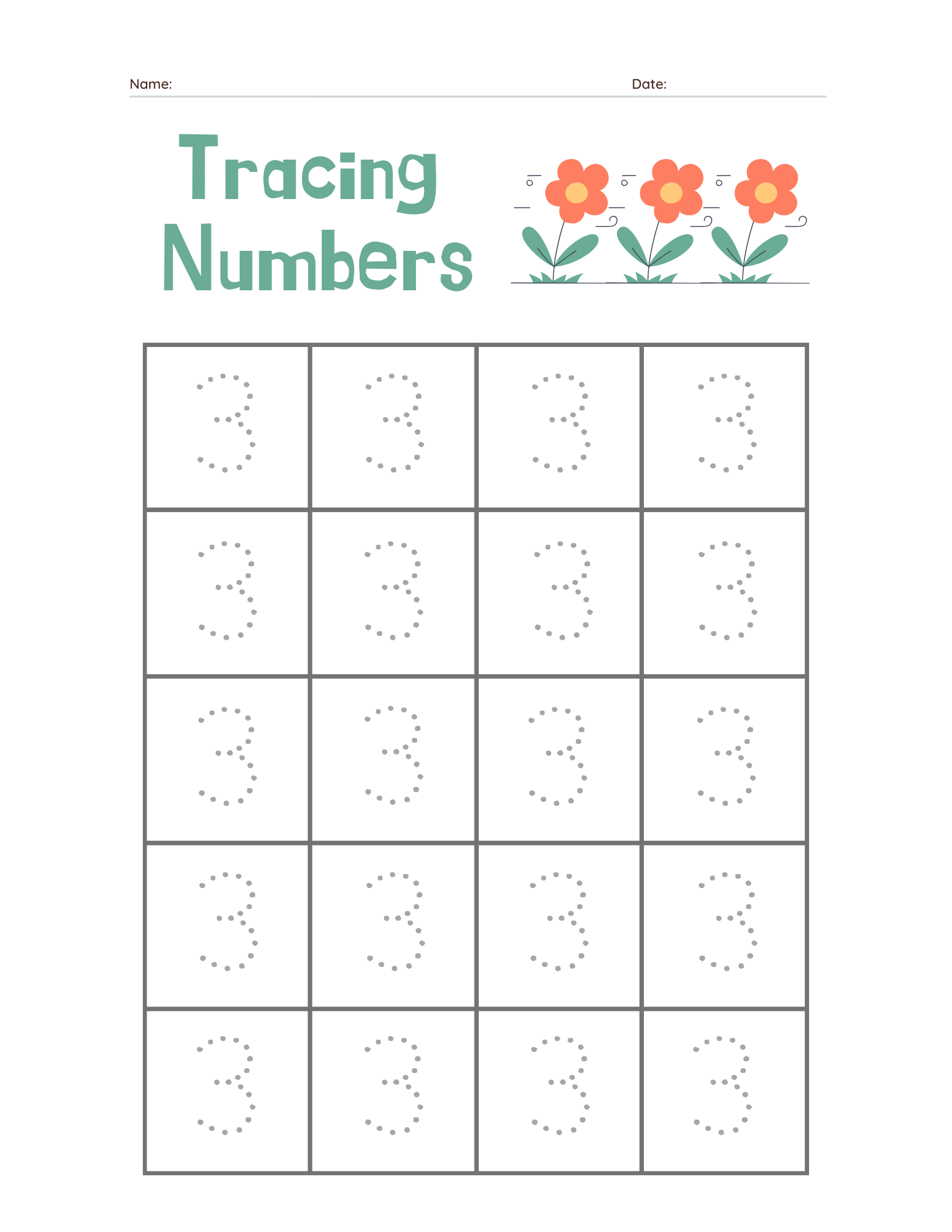 Kindergarten Beginner Number 3 Tracing Practice - Free Printable PDF preview