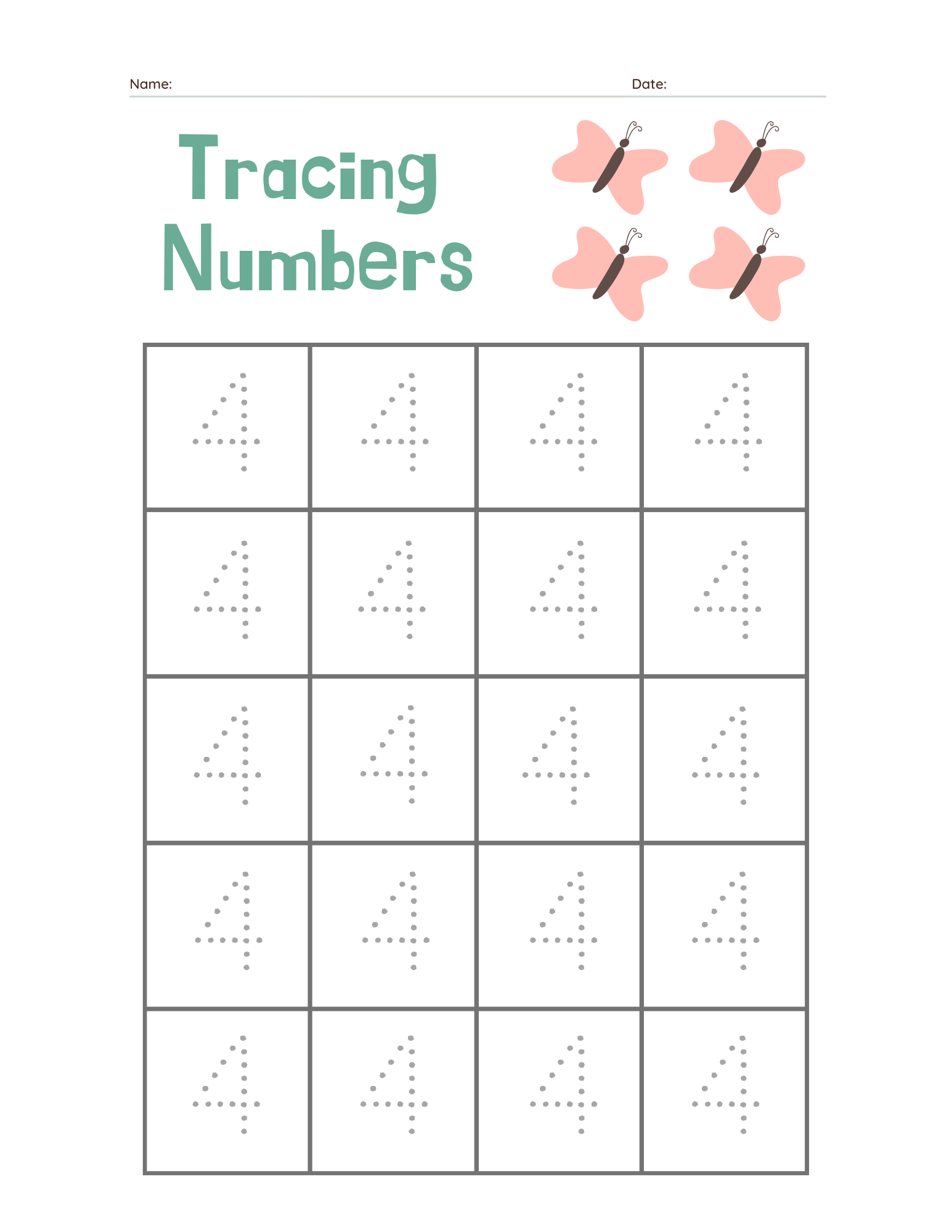 Kindergarten Beginner Number 4 Tracing Practice - Free Printable PDF preview