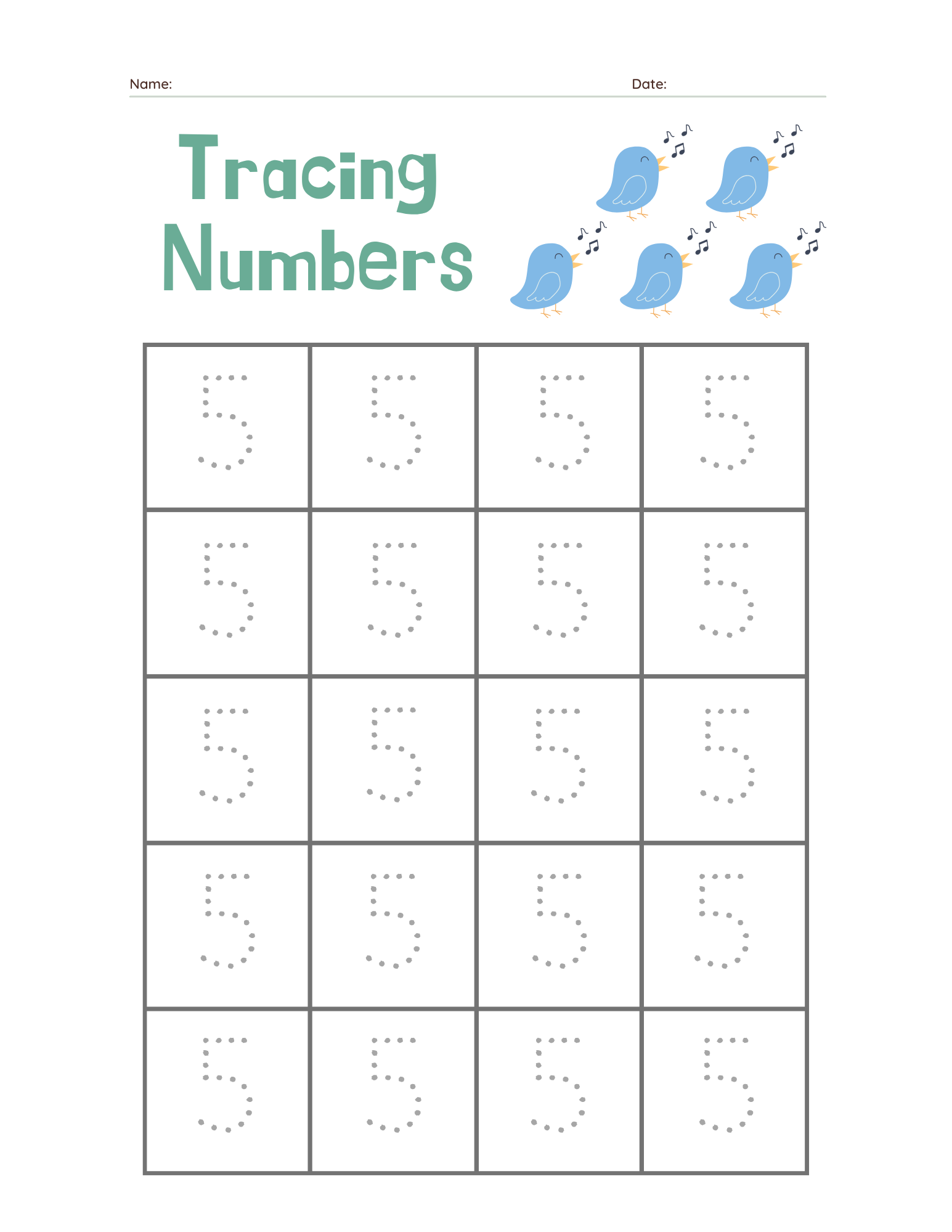 Kindergarten Beginner Number 5 Tracing Practice - Free Printable PDF preview