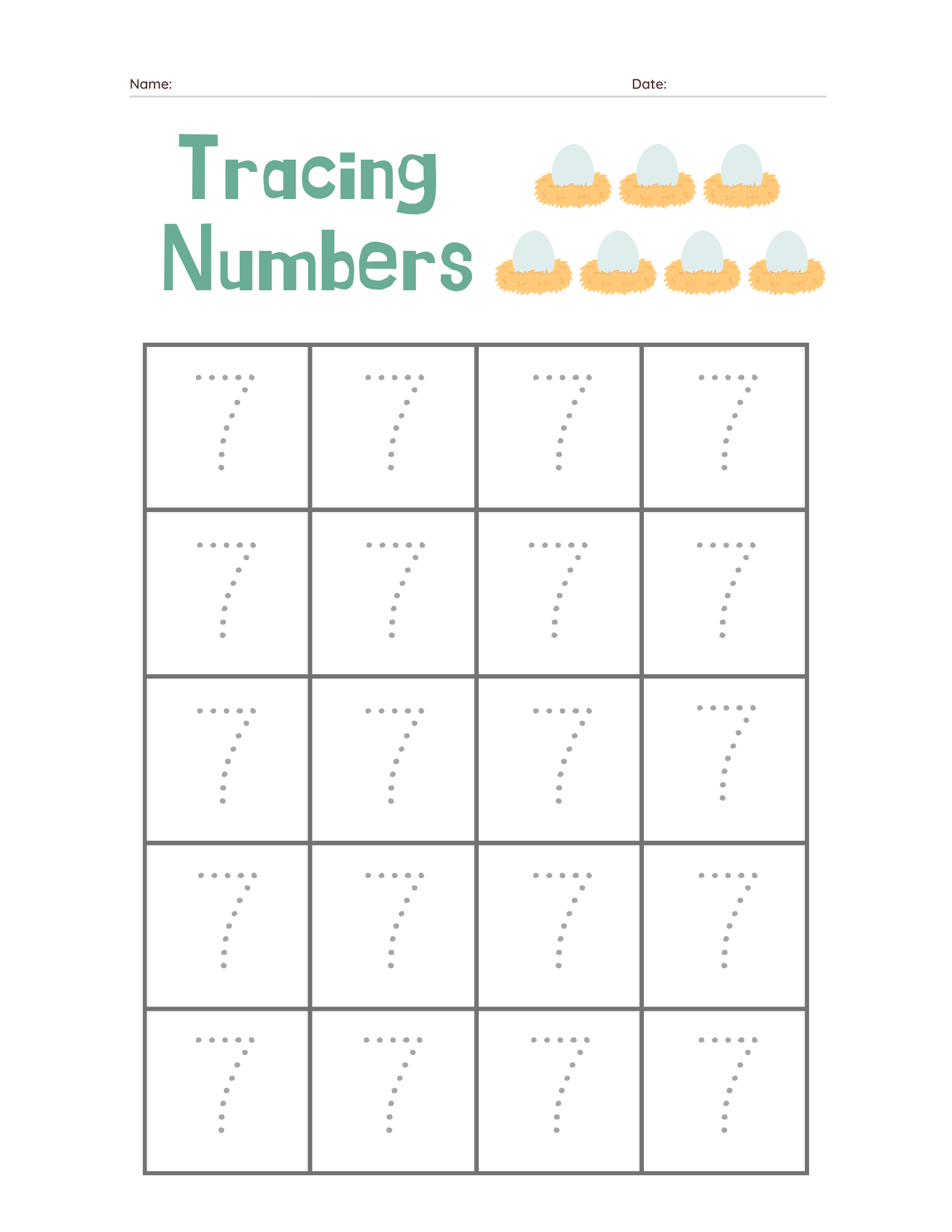 Kindergarten Beginner Number 7 Tracing Practice - Free Printable PDF preview
