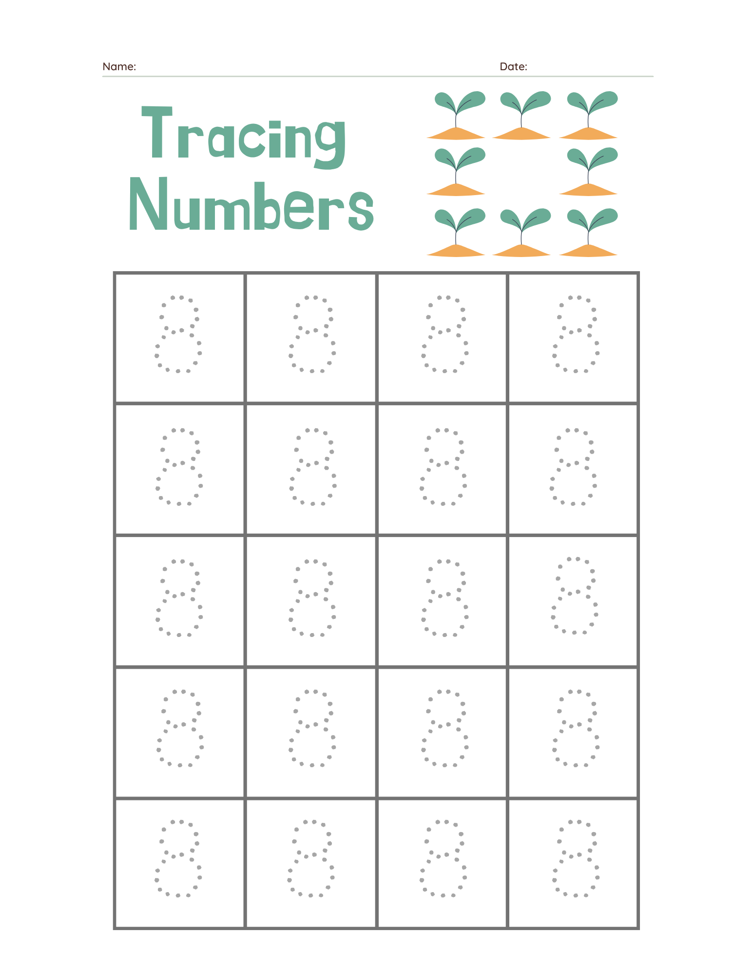 Kindergarten Beginner Number 8 Tracing Practice - Free Printable PDF preview