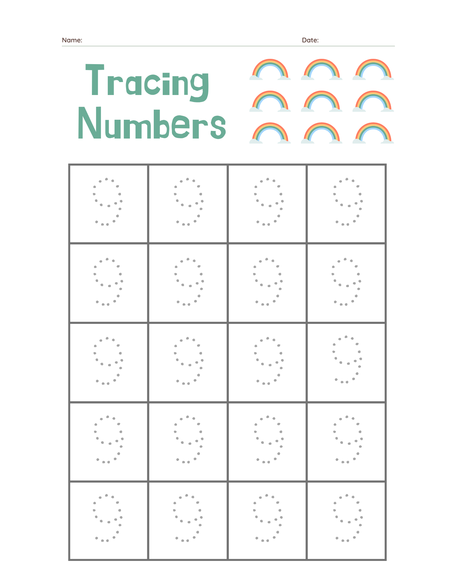 Kindergarten Beginner Number 9 Tracing Practice - Free Printable PDF preview